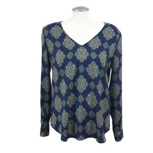 Ann Taylor Womens Medium Blouse Navy Blue Batik Print Long Sleeve V Neck Office